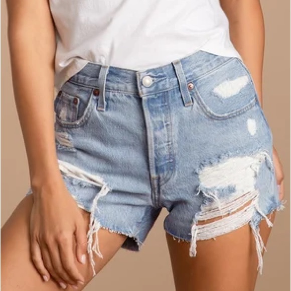 Levi's Pants - LEVI’S PREMIUM 501 Medium Light Wash Distressed High Rise Cutoff Denim Shorts 26